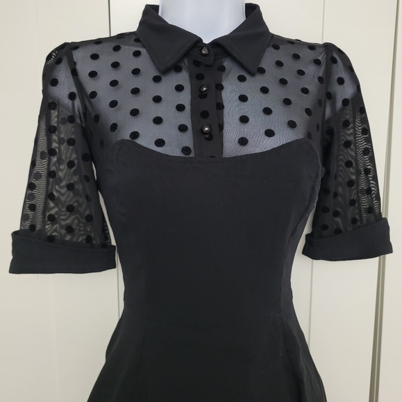 NWOT Collectif Wednesday Black Flocked Polka Dot Collared Swing Dress - Picture 12 of 16